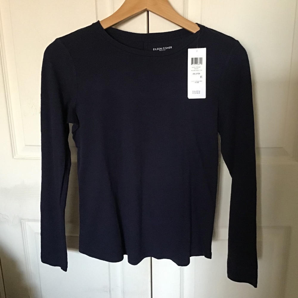 NWT Eileen Fisher Women Organic Cotton round neck Top Long-Sleeve Tee navy PP
